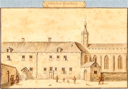 HUA-37595-Gezicht op het kloostergebouw en de kerk van het St Catharinaklooster aan de Lange Nieuwstraat te Utrecht vanaf het binnenplein uit het oosten