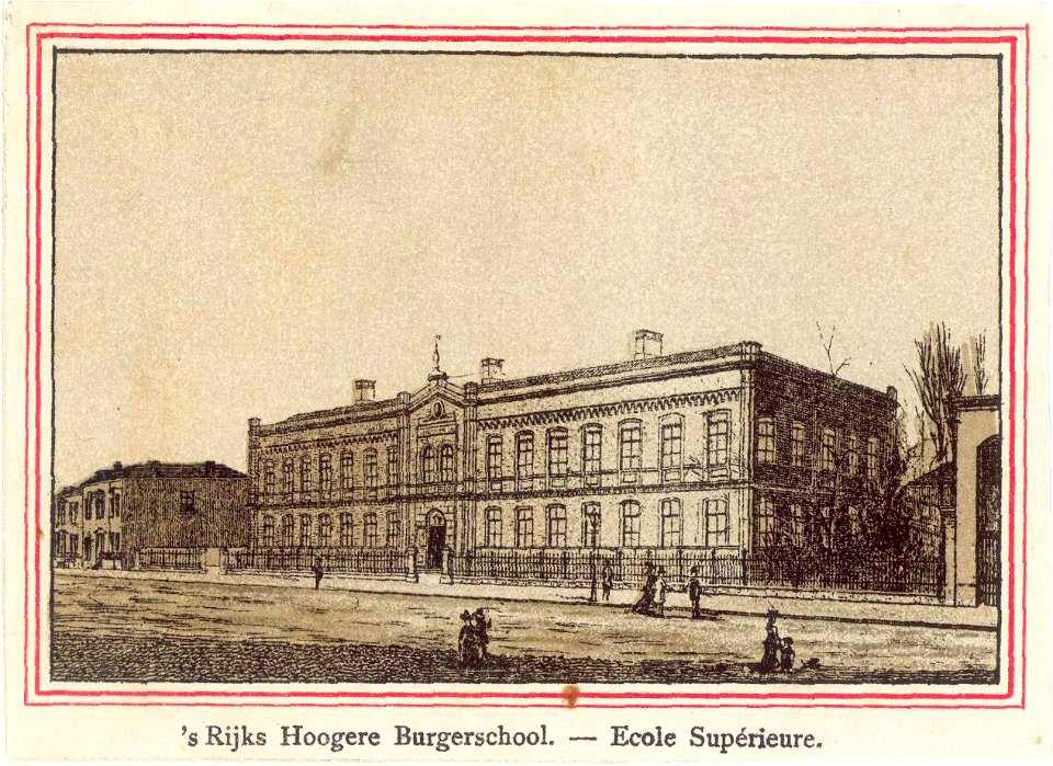 HUA-38589-Gezicht op de voor en de zijgevel van de Rijks Hogere Burgerschool aan de Kruisstraat te Utrecht