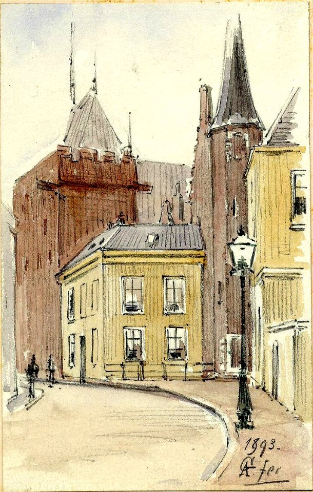 HUA-39358-Gezicht in Achter de Dom te Utrecht uit het noorden met de kapittelzaal en het claustrale huis van de Dom onderdeel van het Academiegebouw en daarvoor