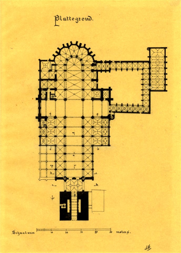 HUA-39857-Plattegrond van de gotische Domkerk te Utrecht met de kruisgang en het Groot Kapittelhuis