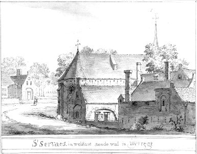 HUA-37744-Gezicht op de kapel en andere gebouwen van de St Servaasabdij te Utrecht en links de beide loodsen op het bastion Zonnenburg