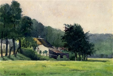 HUA-39415-Gezicht op een tuinmanswoning op het terrein Het Hogeland bij de Oudwijkerlaan te Utrecht met op de achtergrond de bomen rond het huis Het Hogeland