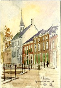 HUA-39381-Gezicht uit het westen op de voorgevels van de huizen aan de zuidzijde van de Kromme Nieuwegracht te Utrecht met het kerkgebouw van de Remonstrants Ge