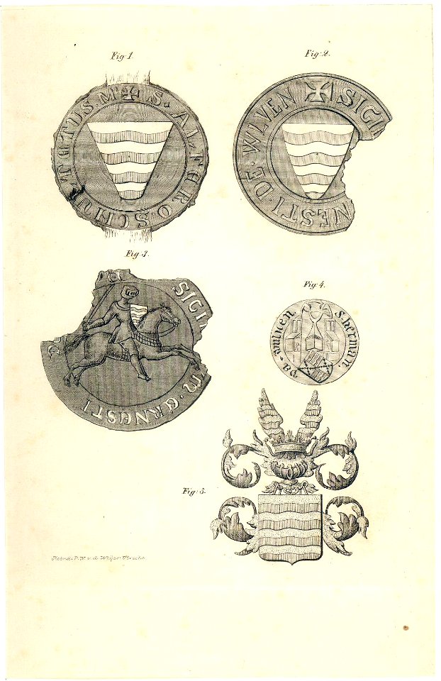 HUA-39313-Afbeelding van vier zegels en het wapenschild van verschillende leden van de familie Van Wulven
