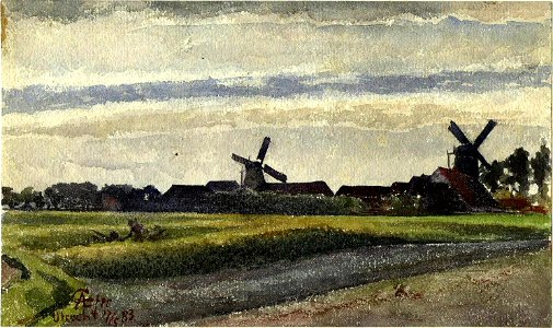 HUA-39472-Gezicht op de weilanden ten westen van Utrecht vóór de aanleg van de Croeselaan met op de achtergrond de bomen langs de Leidseweg en de molens Bijgeva