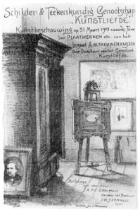 HUA-38092-Interieur van het Museum Kunstliefde Oudegracht Weerdzijde 152 te Utrecht een hoek van een zaal met tentoongestelde werken van AW NieuwenhuijzenNB Het