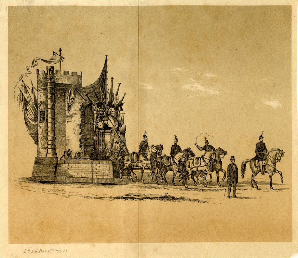 HUA-39611-Afbeelding van een praalwagen in de optocht ter gelegenheid van de herdenking van de bevrijding van de Nederlanden op 1 april 1572