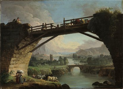 Hubert Robert - Ruined Bridge with Figures Crossing