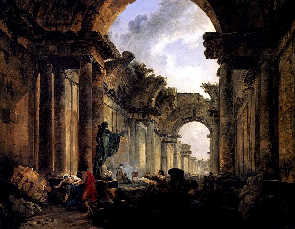 Hubert Robert - Imaginary View of the Grande Galerie in the Louvre in Ruins - WGA19589