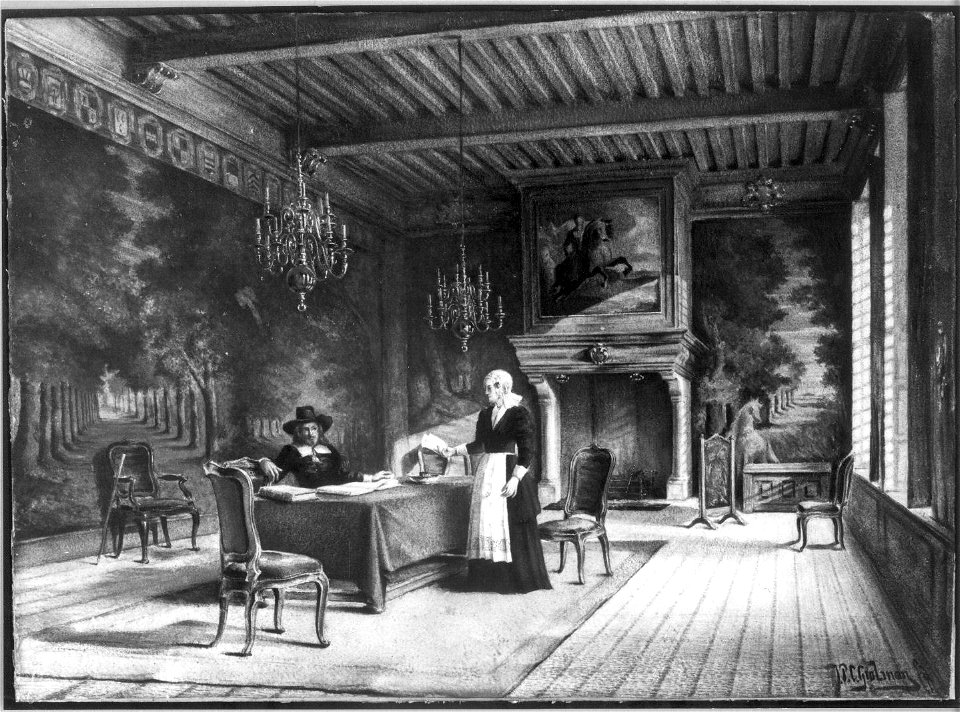 HUA-38289-Interieur van het Bartholomeïgasthuis aan de Lange Smeestraat te Utrecht de regentenzaal met een echtpaar in Friese kledij