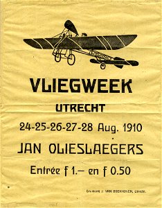 HUA-98417-Afbeelding van een strooibiljet met de aankondiging van de Utrechtse Vliegweek waar de Belgische luchtvaartpionier Jan Olieslaegers een vliegdemonstra