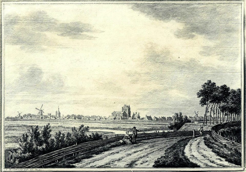 HUA-6338-Gezicht op Wijk bij Duurstede uit het oosten vanaf de Lekdijk met drie molens het kasteel Duurstede en in het midden de Grote Kerk