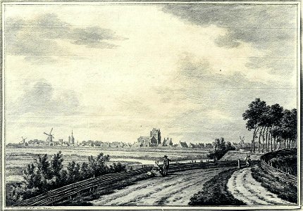 HUA-6338-Gezicht op Wijk bij Duurstede uit het oosten vanaf de Lekdijk met drie molens het kasteel Duurstede en in het midden de Grote Kerk