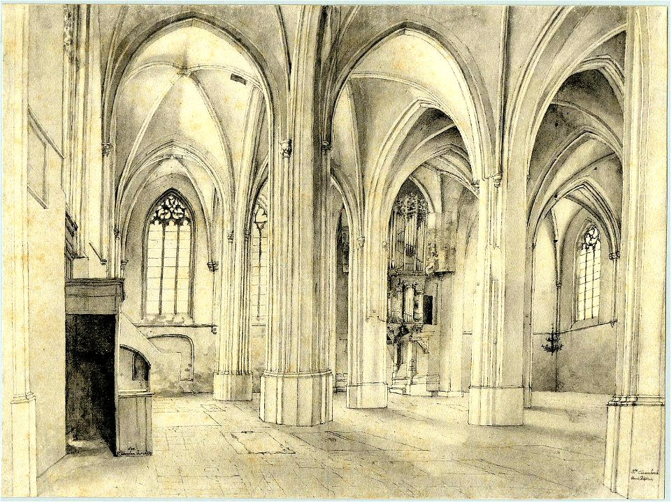 HUA-6305-Interieur van de Cunerakerk te Rhenen het zuidwestelijke gedeelte van het schip met rechts achterin het gotische orgel