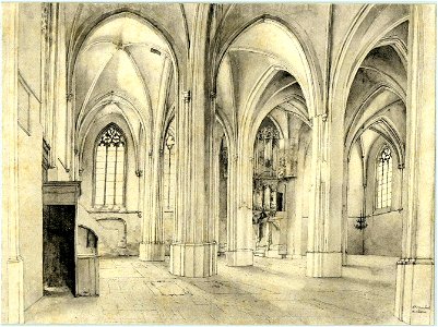 HUA-6305-Interieur van de Cunerakerk te Rhenen het zuidwestelijke gedeelte van het schip met rechts achterin het gotische orgel