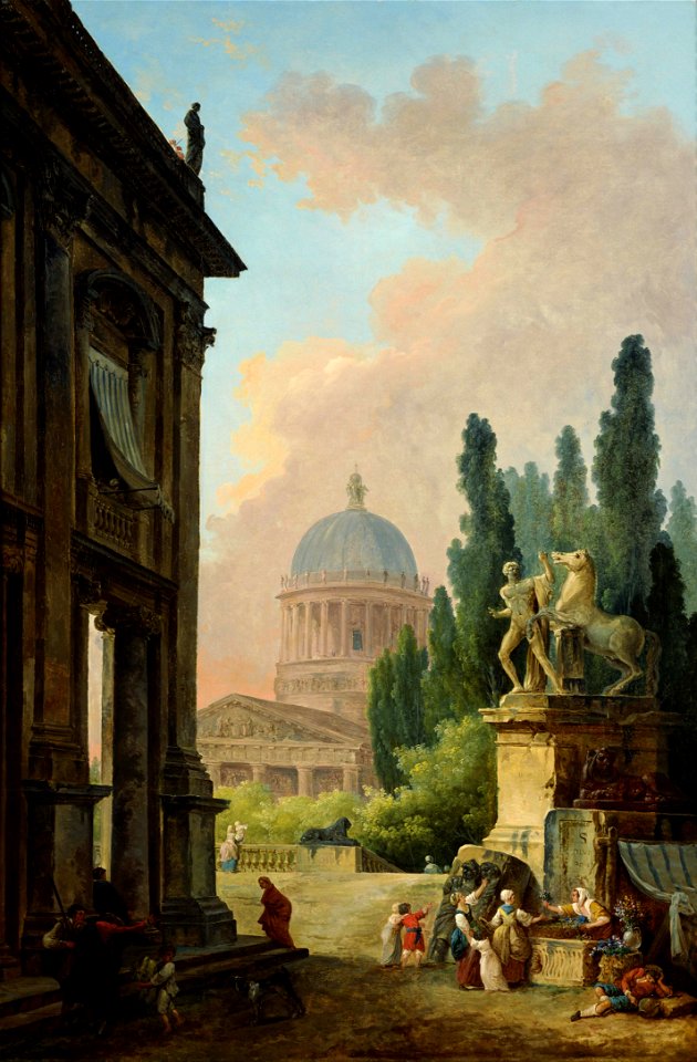 Hubert Robert - Imaginary View of Rome with the Horse-Tamer of the Monte Cavallo and a Church - Google Art Project
