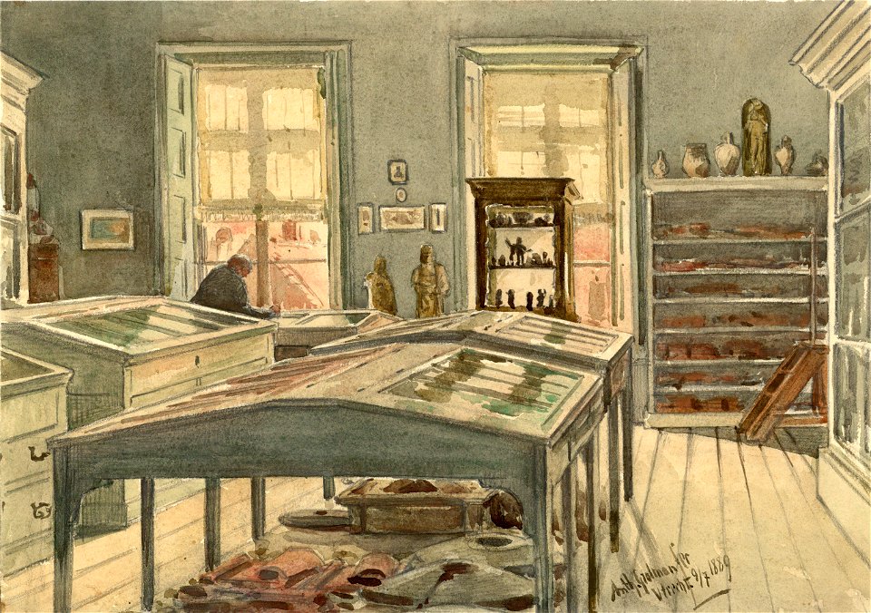 HUA-38737-Interieur van het stadhuis Stadhuisbrug te Utrecht het Stedelijk Museum van Oudheden op de tweede verdieping zaal F met de archeologische collectie va