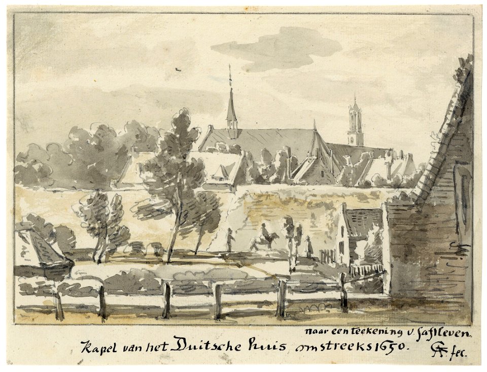 HUA-39422-Gezicht op de daken van de kapel en andere gebouwen van Het Duitse Huis te Utrecht met rechts op de achtergrond de Domtoren