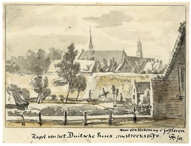 HUA-39422-Gezicht op de daken van de kapel en andere gebouwen van Het Duitse Huis te Utrecht met rechts op de achtergrond de Domtoren