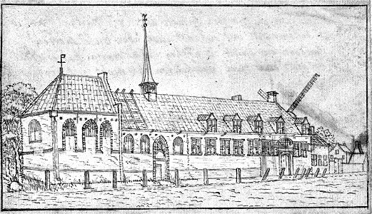 HUA-38333-Gezicht op de kapel en de voorgevel van het St Jobsgasthuis aan de Vleutenseweg te Utrecht uit het noorden met rechtsachter twee wieken van de molen D. Free illustration for personal and commercial use.