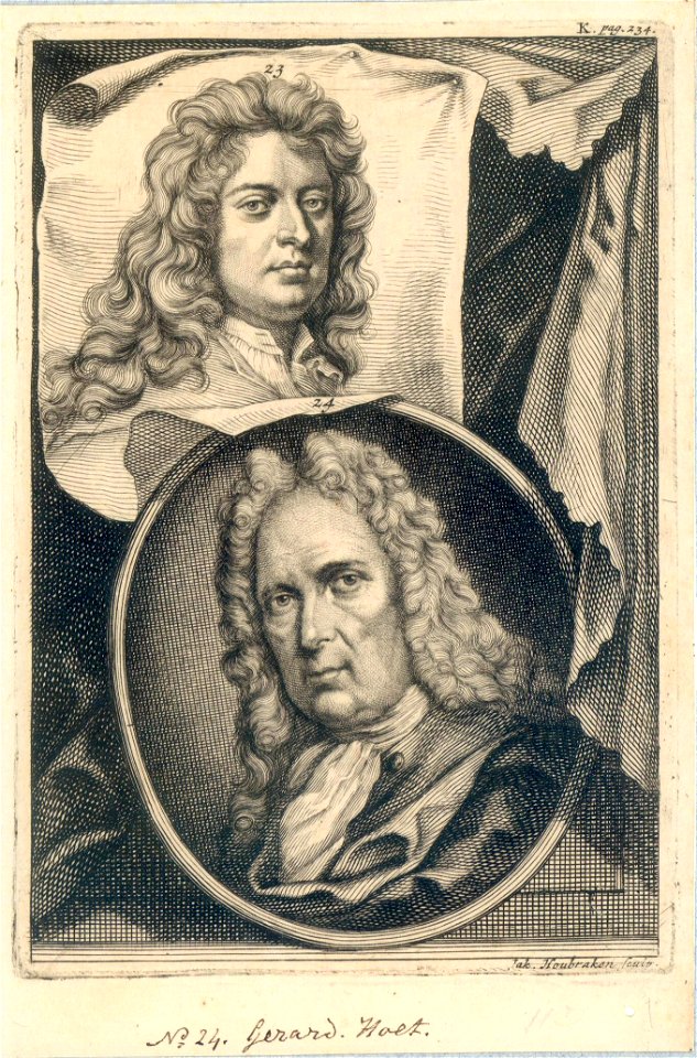 HUA-38982-Portret van Gerard Hoet geboren 1648 kunstschilder te Utrecht overleden 1733 Borstbeeld links in ovaal Op één blad met het borstbeeld van een andere s