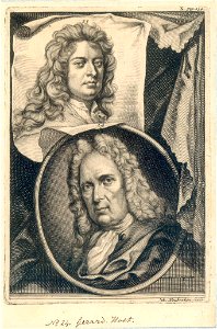 HUA-38982-Portret van Gerard Hoet geboren 1648 kunstschilder te Utrecht overleden 1733 Borstbeeld links in ovaal Op één blad met het borstbeeld van een andere s