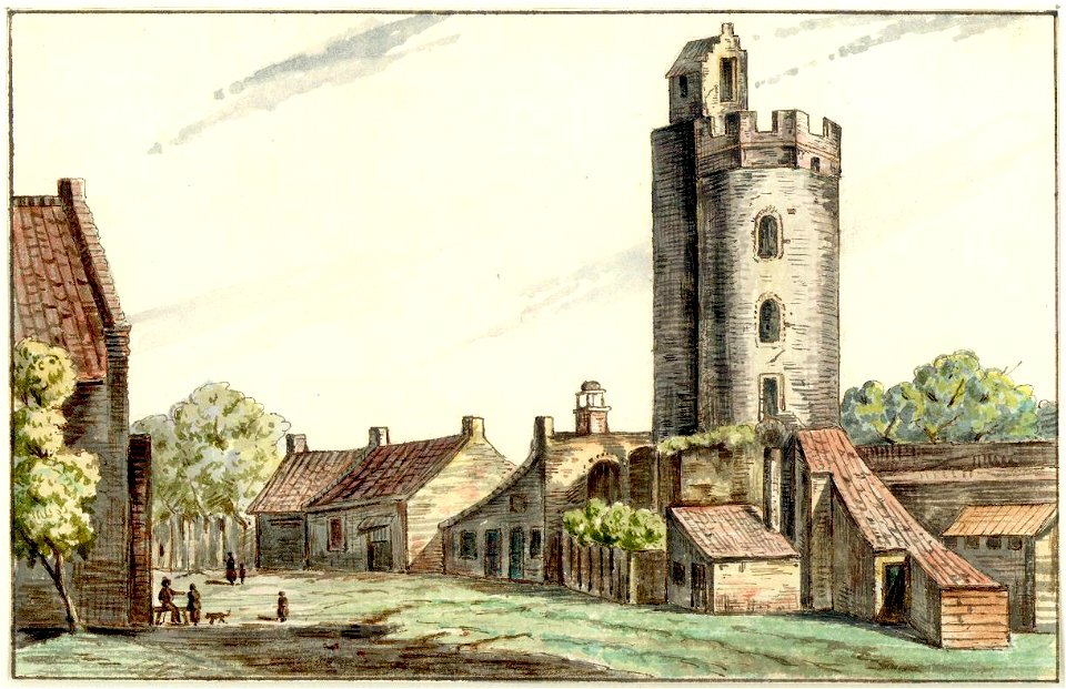 HUA-38473-Gezicht op de Bijlhouwerstoren en aangrenzende huizen aan de zuidzijde van de stadswal te Utrecht uit het westen