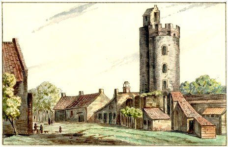 HUA-38473-Gezicht op de Bijlhouwerstoren en aangrenzende huizen aan de zuidzijde van de stadswal te Utrecht uit het westen