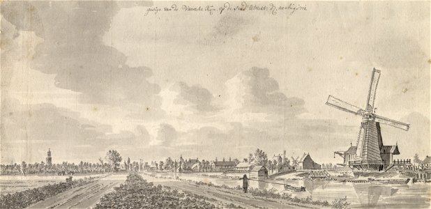 HUA-38670-Gezicht vanaf de Jutfaseweg te Utrecht op de Vaartsche Rijn met rechts de paltrok houtzaagmolen Oog in t Zeil uit het zuidwesten