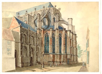 HUA-38603-Gezicht vanuit Achter de Dom te Utrecht op het koor van de Domkerk en links daarvan een gedeelte van de oostelijke arm van de kruisgang uit het zuidoo. Free illustration for personal and commercial use.