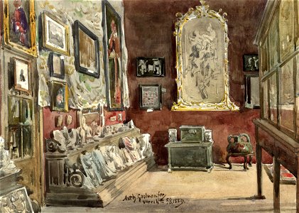 HUA-38725-Interieur van het stadhuis Stadhuisbrug te Utrecht het Stedelijk Museum van Oudheden op de tweede verdieping zaal B met schilderijen en fragmenten van