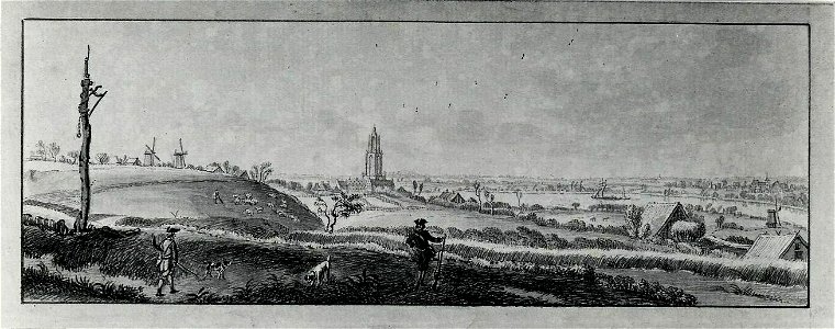 HUA-6280-Gezicht op Rhenen vanaf de Galgenberg uit het westen met links de galg en rechts op de achtergrond de Rijn en de Betuwe