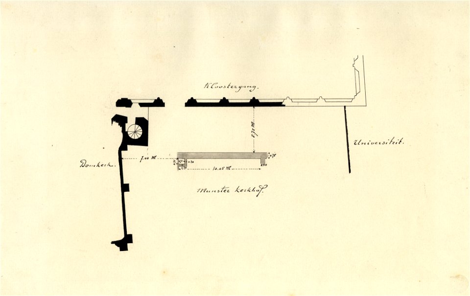 HUA-39902-Plattegrond van de westelijke muur van het klein kapittelhuis van de Dom aan het Munsterkerkhof te Utrecht gevonden tijdens een opgraving in 1901NB De