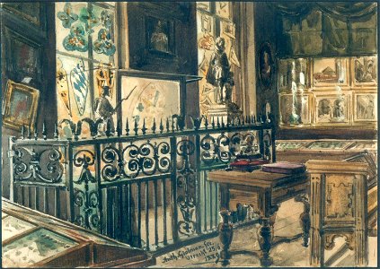 HUA-38741-Interieur van het stadhuis Stadhuisbrug te Utrecht het Stedelijk Museum van Oudheden op de tweede verdieping zaal I met gebrandschilderde glazen een s