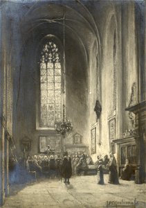 HUA-500863-Interieur van de Jacobikerk Jacobskerkhof te Utrecht de noorderlijke zijbeuk met een groot aantal mensen tijdens een bijbellezing gezien naar het west