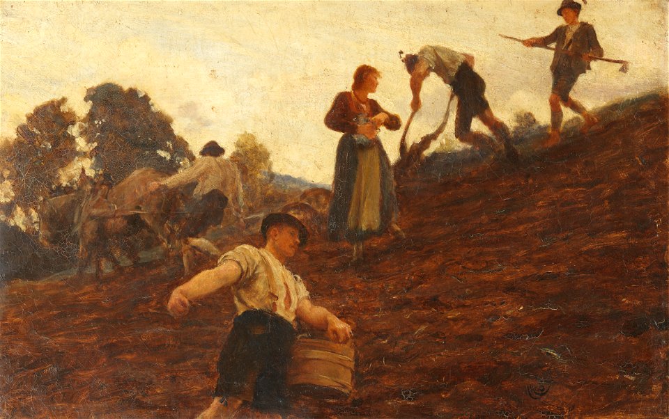 Hubert von Herkomer Farm workers tilling and sowing a hillside