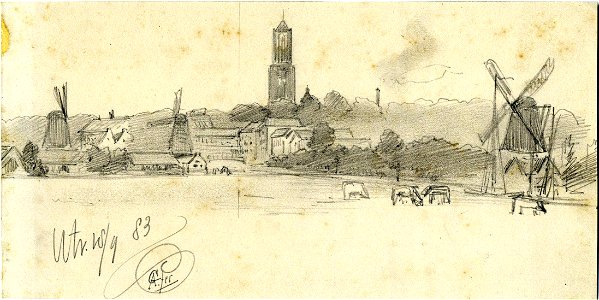 HUA-39473-Gezicht op de stad Utrecht vanuit het noordwesten met links de molens De Ster en De Bijgeval en rechts de molen De Vrede aan de Leidsche Rijn en in he