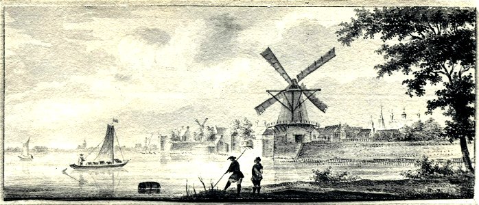 HUA-6332-Gezicht op Wijk bij Duurstede uit het noordoosten met op de voorgrond de splitising van de Lek links en de Kromme Rijn en rechts van het midden de mol