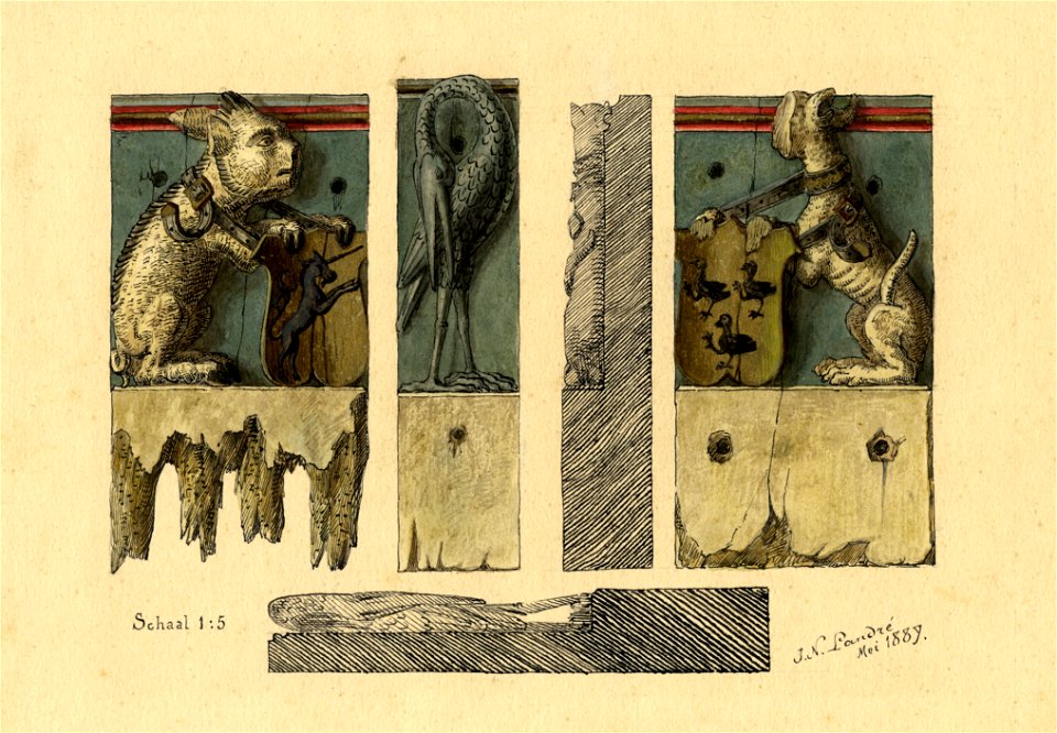 HUA-39827-Afbeelding van drie gebeeldhouwde gotische balksleutels met de voorstelling van dieren die de wapenschilden van de families Van Huchtenbroeck en Van G