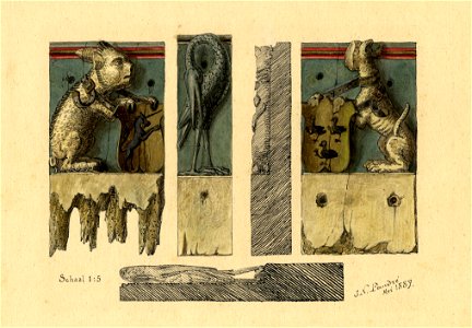 HUA-39827-Afbeelding van drie gebeeldhouwde gotische balksleutels met de voorstelling van dieren die de wapenschilden van de families Van Huchtenbroeck en Van G