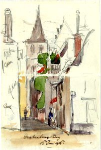 HUA-39465-Gezicht vanaf de Neude te Utrecht in de Drakenburgsteeg in de richting van de Oudegracht met het huis Oudaen