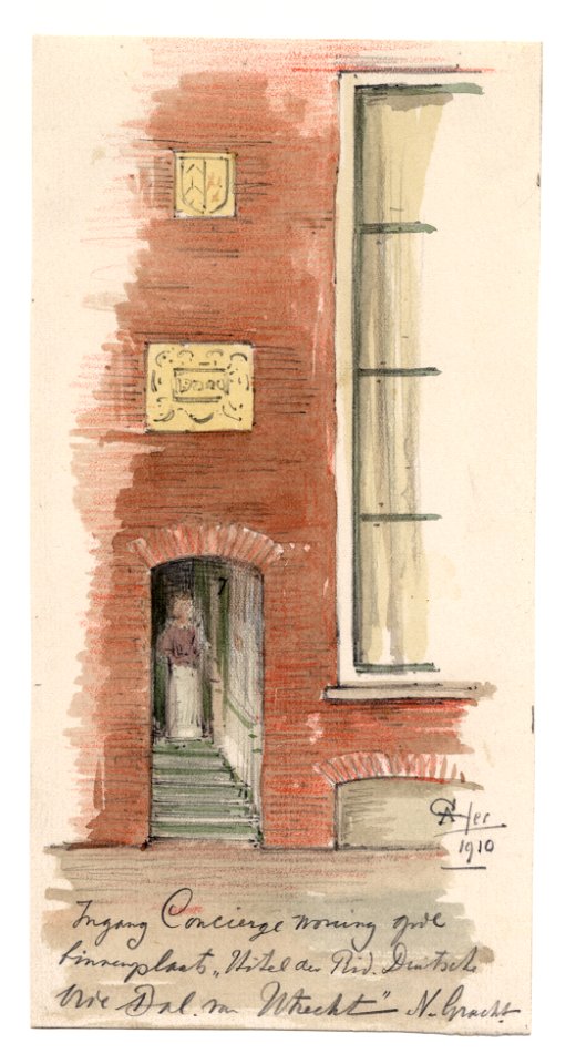 HUA-39378-Gezicht op de ingang van de conciërgewoning van het Huis van de Duitse Orde aan de Hofpoort Nieuwegracht 7 9 te Utrecht met boven de poortopening twee