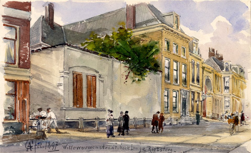 HUA-39461-Gezicht op de voorgevels van de huizen aan de zuidzijde van de Wittevrouwenstraat te Utrecht uit het noordoosten met links de ingang van de RietsteegN