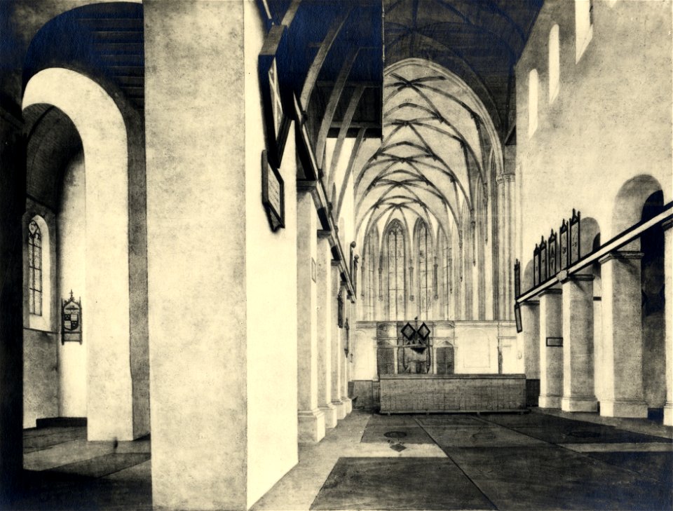 HUA-601591-Prentbriefkaart van het door Pieter Saenredam in ca 1636 vervaardigde schilderij voorstellend het interieur van de Janskerk te Utrecht uit de collecti