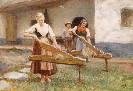 Hubert von Herkomer Junge Bäuerinnen beim Flachs brechen 1885