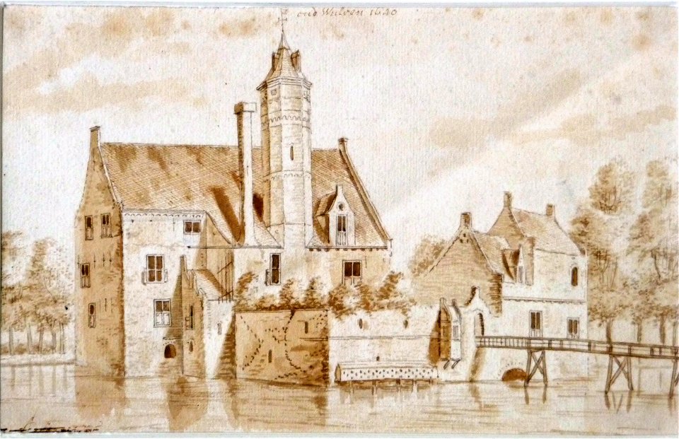 HUA-801170-Gezicht op het omgrachte kasteel Wulven te Houten met rechts de voorburcht met het poortgebouw