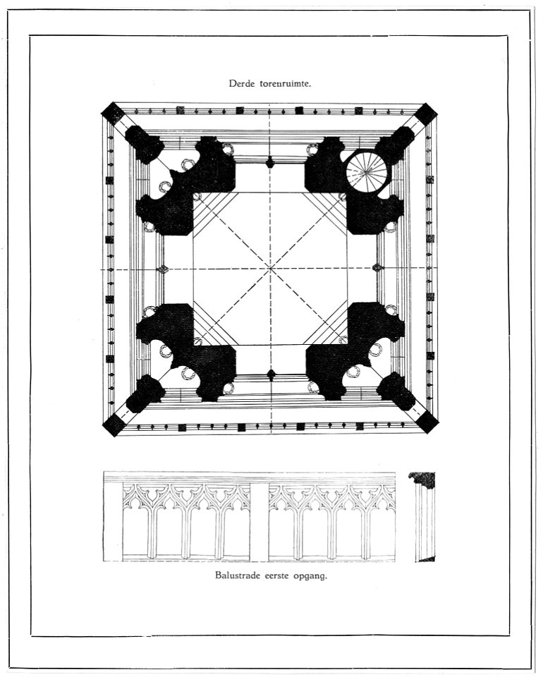 HUA-6258-Plattegrond van de derde geleding van de Cuneratoren te Rhenen met daaronder een opstand van de balustrade van de eerste opgang