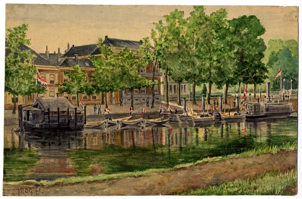 HUA-818839-Afbeelding van een menageschip enkele vletten en stoomsloepen en de Stoomkanonneerboot No 3 in de Stadsbuitengracht te Utrecht op de achtergrond de Ri