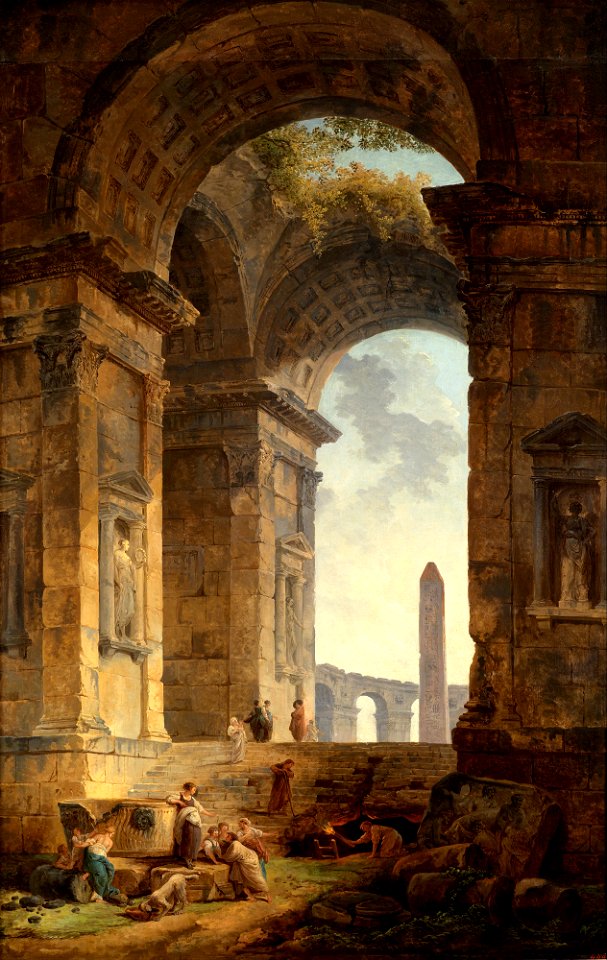 Hubert Robert - Ruins with an obelisk in the distance - Google Art Project