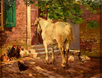 Hugo Mühlig Pferd und Hühner vor einem alten Haus